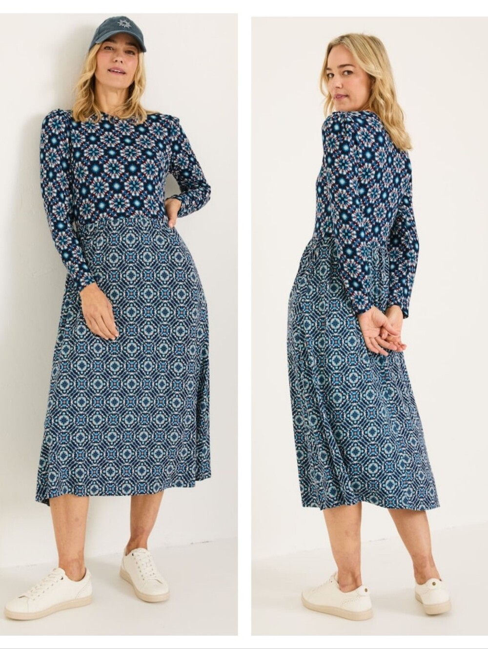 FatFace Indigo Blue Batik Geo Jersey Midi Dress Size 2